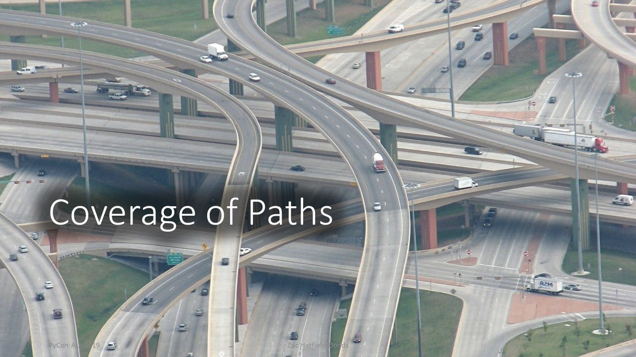 A complicated freeway interchange, words 'coverage of paths'