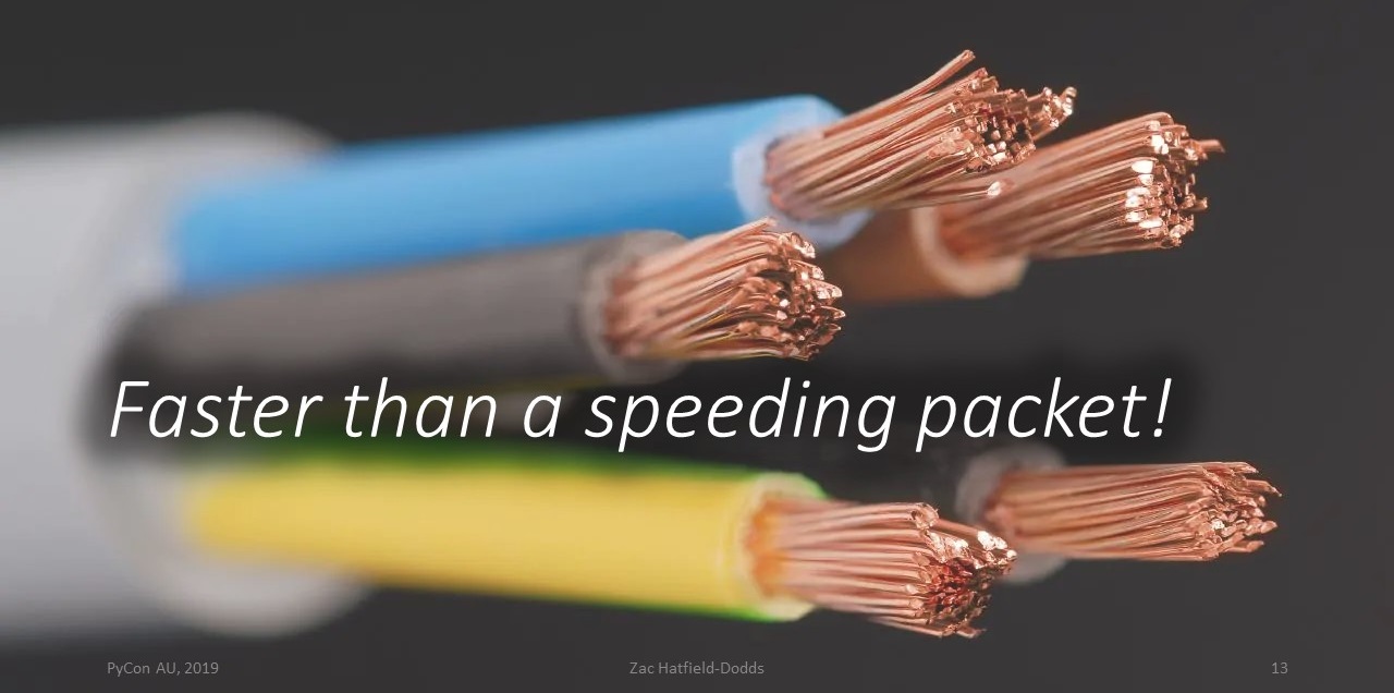 Stripped copper wires, labelled 'faster than a speeding packet!'